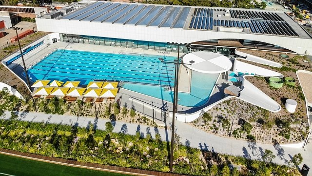 An aerial view of the 50m outdoor pool at Gunyama Park