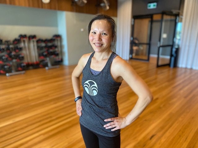 360 member Louisa in his happy place in group fitness studio at Gunyama Park Aquatic and Recreation Centre